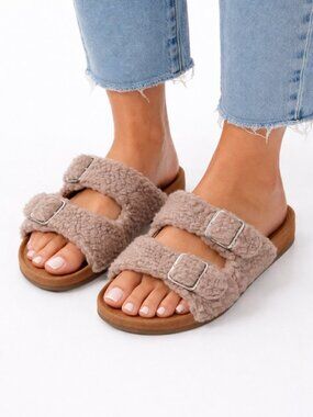 R2 Report Womens Sherpa Double Buckle Slide Sandals Size 6 Tan Bernette